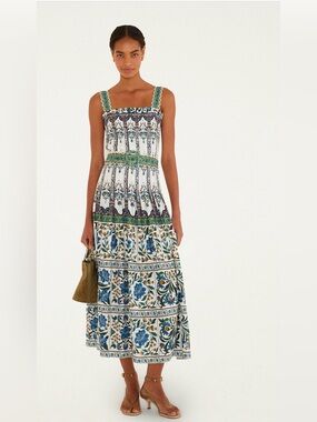BNWT farm Rio Floral Tiered Sundress with Green and Blue Print Maxi Dress